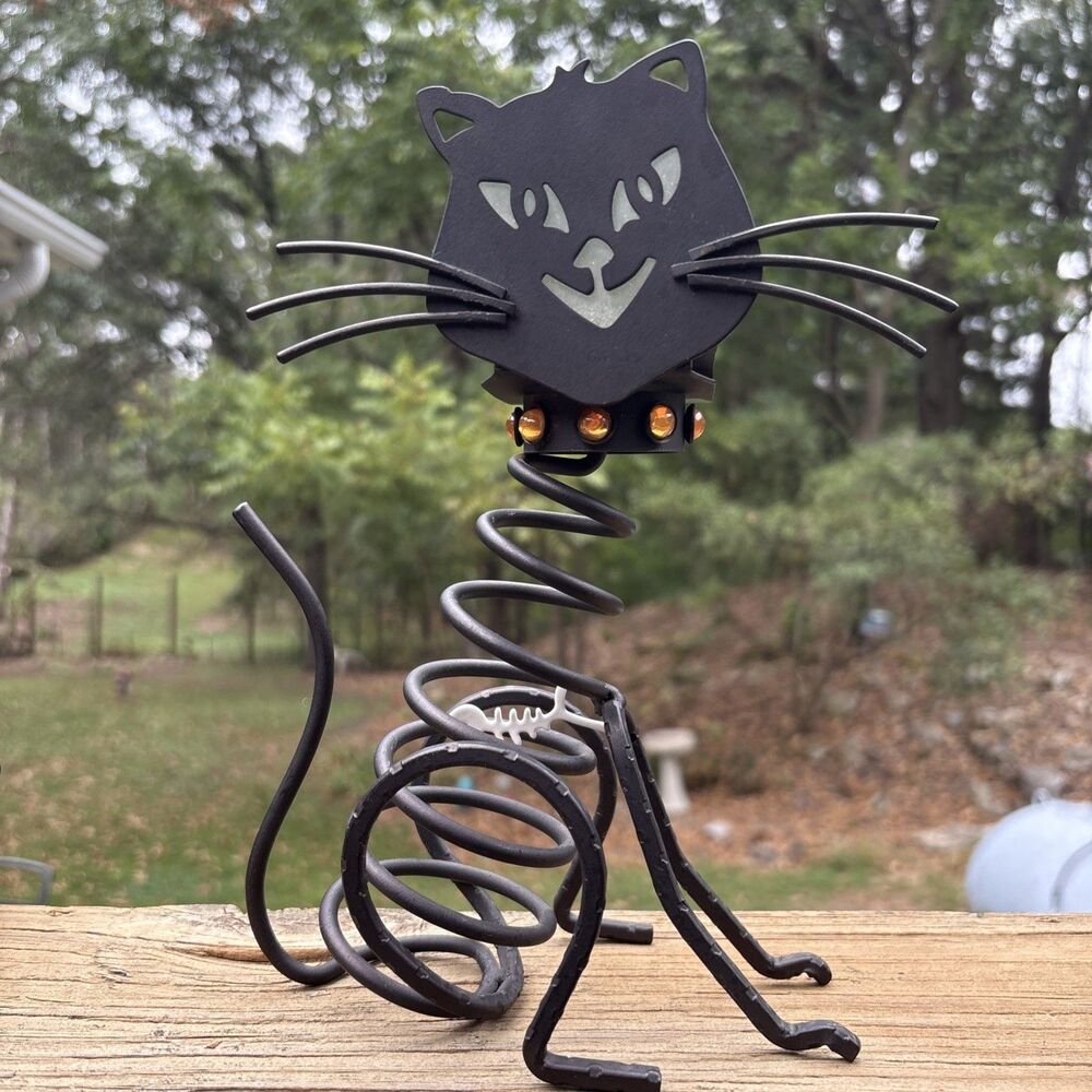 Partylite Halloween Votive Candle Metal Skeleton Black Cat W/ Fish  In Tummy